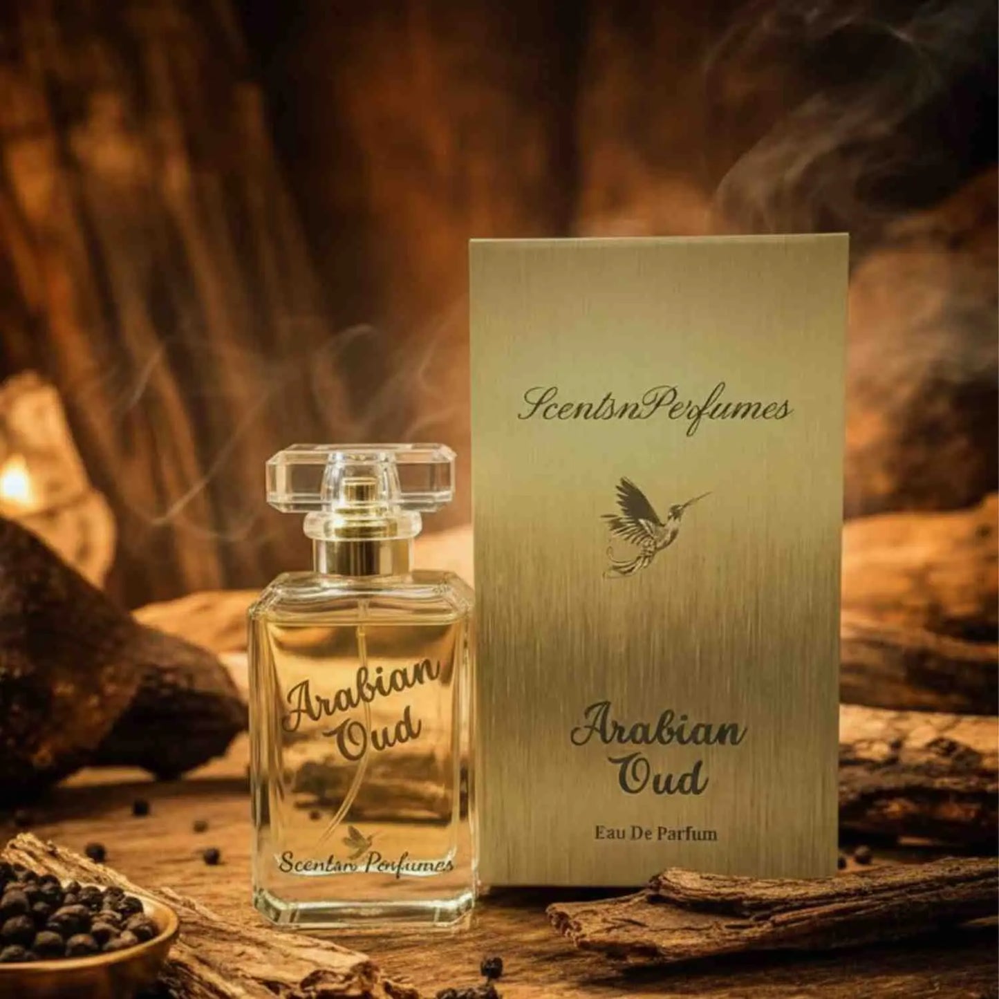 Arabian Oud perfume box from ScentsnPerfumes with elegant packaging and intricate design.