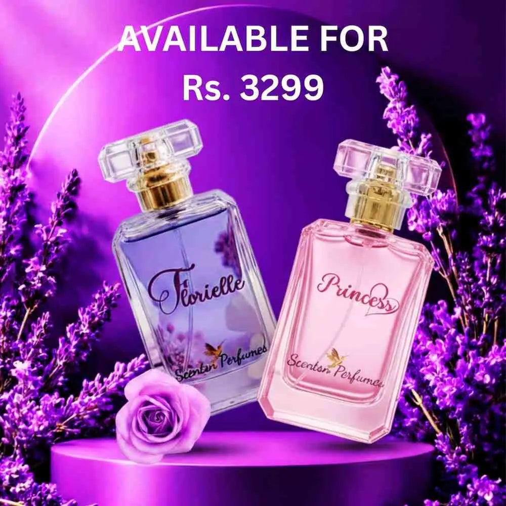 Pair of GLAMOUR GLOW perfume bottles from ScentsnPerfumes with elegant packaging and sleek design.
