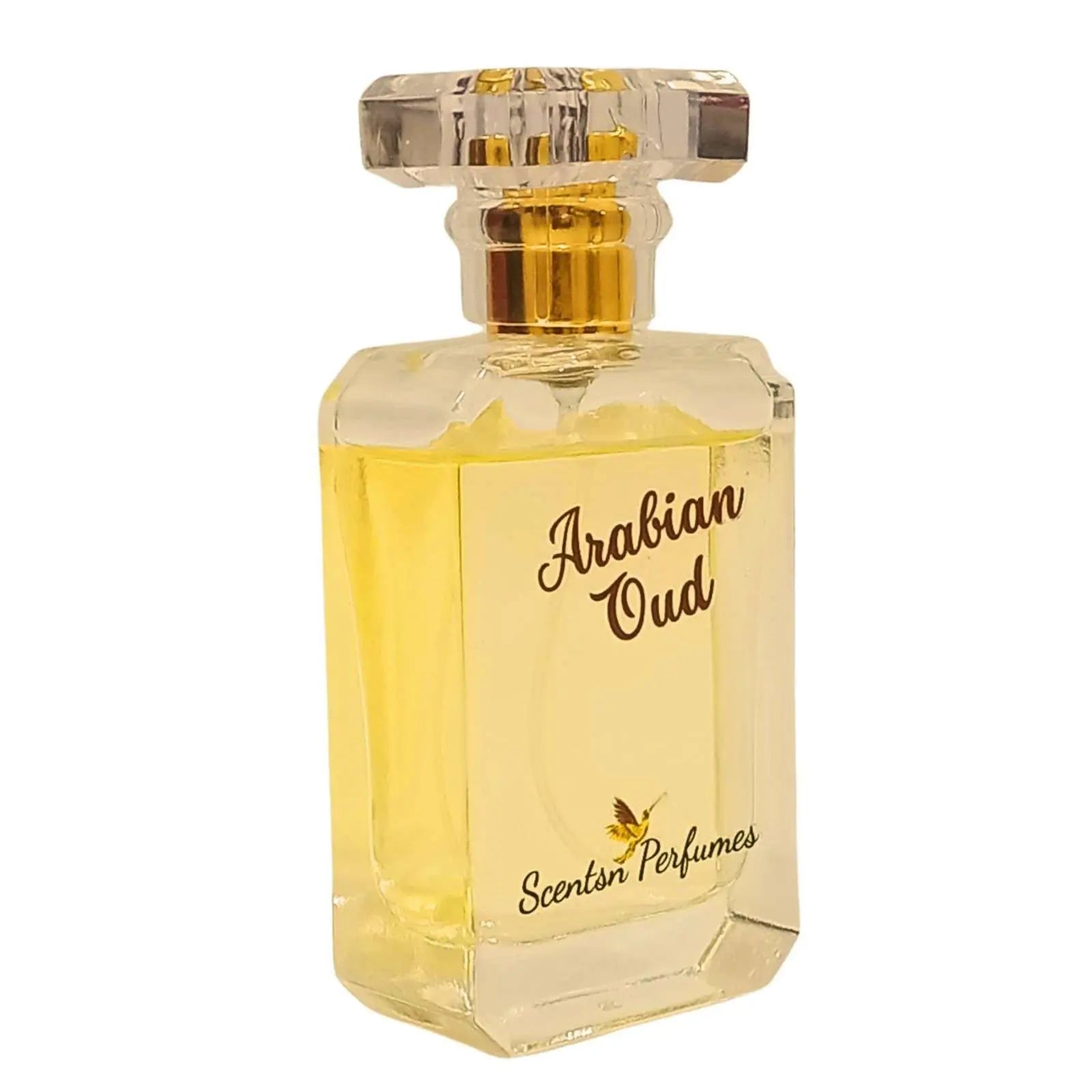 Arabian Oud fragrance by ScentsnPerfumes, featuring a sleek perfume bottle with intricate Arabic-inspired design.