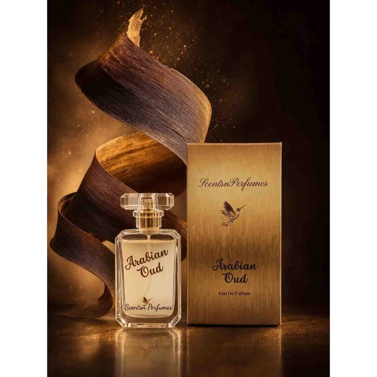 Bottle of Arabian Oud perfume by ScentsnPerfumes, featuring a sleek glass container with a decorative cap against a neutral background.