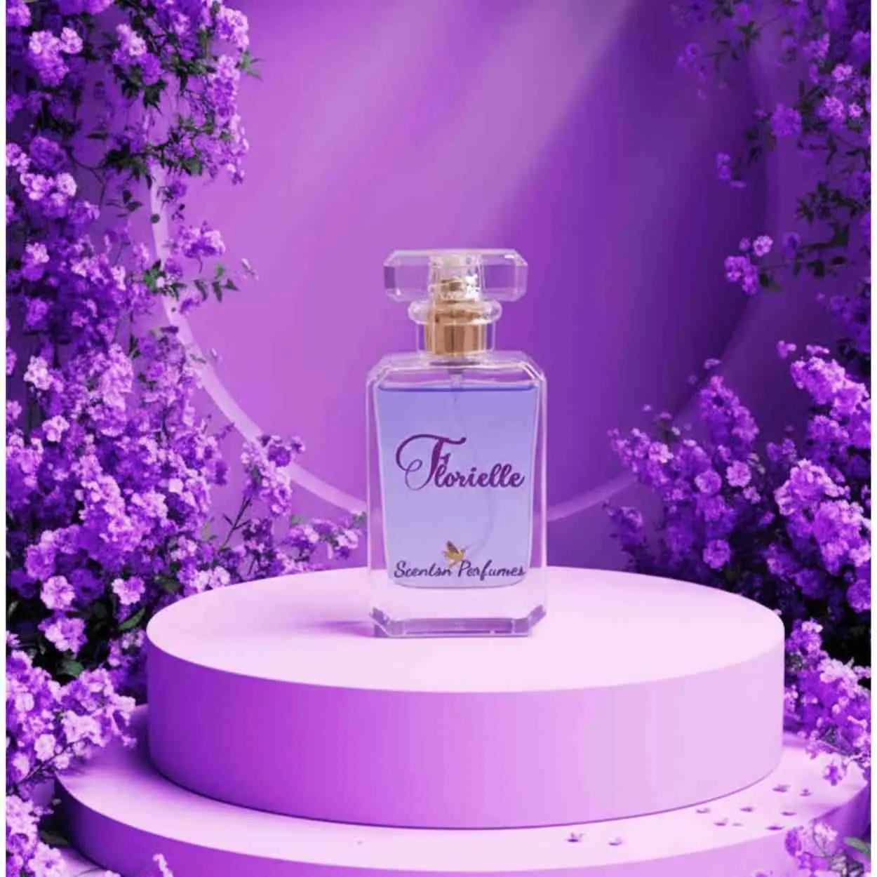 ScentsnPerfumes Florielle perfume bottle with elegant floral design and clear glass, showcasing a luxurious fragrance.