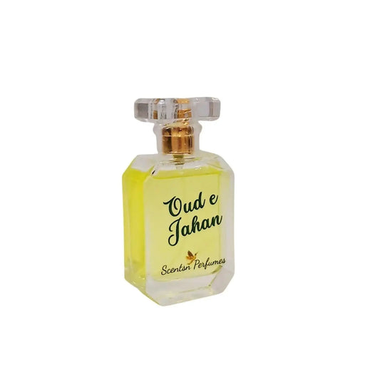 Bottle of Oud e Jahan perfume by ScentsnPerfumes showcasing elegant packaging with a rich, amber-colored fragrance liquid.